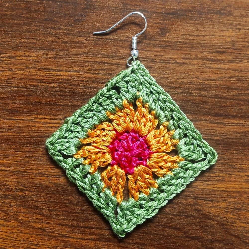 Hand Crafted Hand Crochet Colorful Boho Floral Diamond Design Earrings - Picture 3 of 4